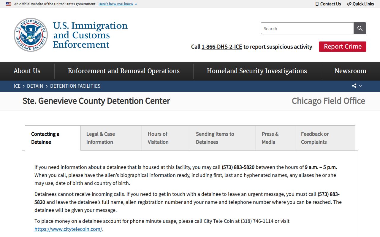 ICE page for Ste. Genevieve County Detention Center release and transfer information